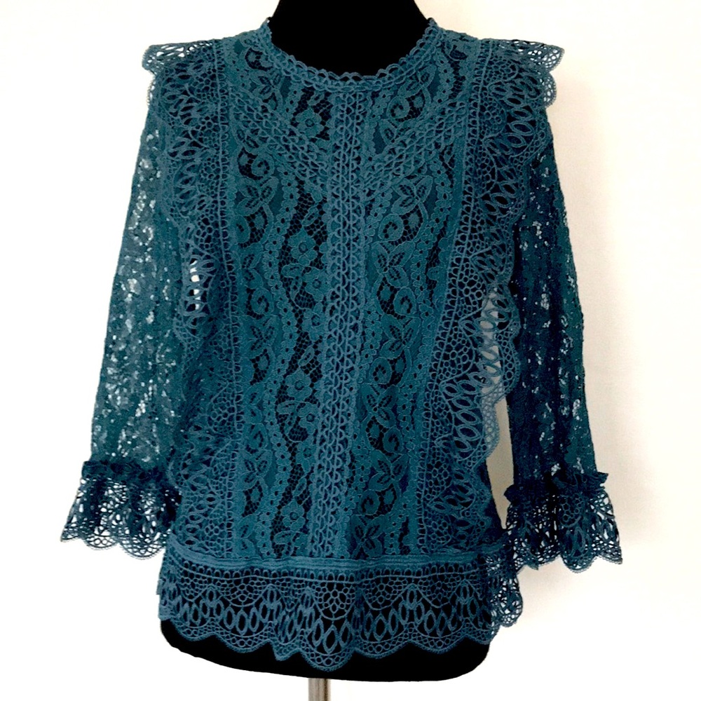 Dark Fairy Aesthetic Melograno Rico Whimsical Lace Top Blouse Teal Blue